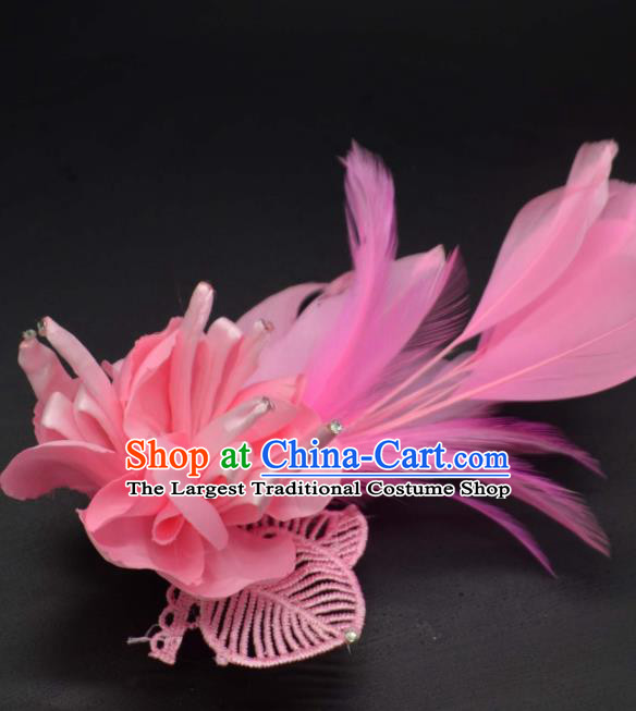 Traditional Chinese Peking Opera Diva Hair Accessories Ancient Princess Pink Feather Hair Stick Headwear for Women