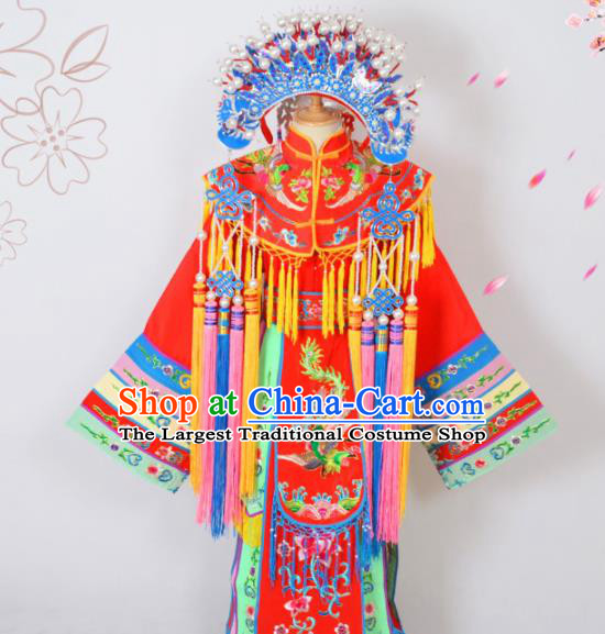 Chinese Ancient Imperial Concubine Embroidered Red Dress Traditional Peking Opera Actress Costumes and Headwear for Adults