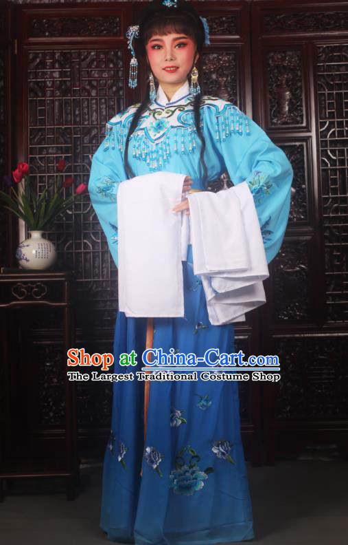 Traditional Chinese Peking Opera Diva Costumes Ancient Palace Princess Blue Embroidered Dress for Adults