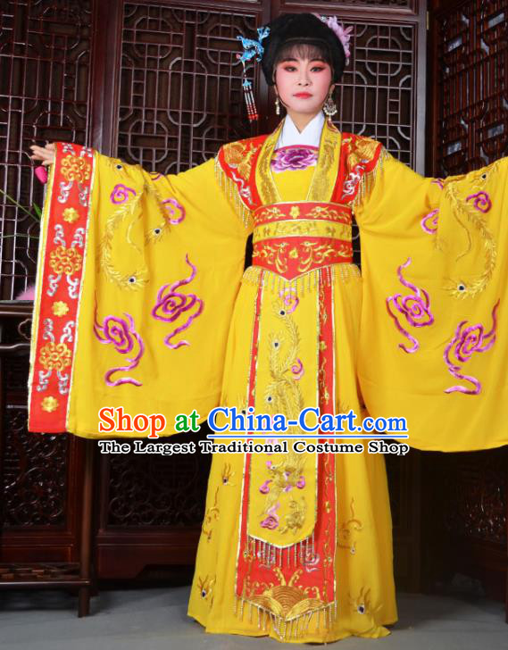 Traditional Chinese Peking Opera Empress Embroidered Costumes Ancient Queen Yellow Dress for Adults