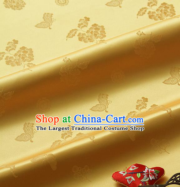 Traditional Asian Classical Peony Butterfly Pattern Yellow Brocade Cloth Drapery Korean Hanbok Palace Satin Silk Fabric