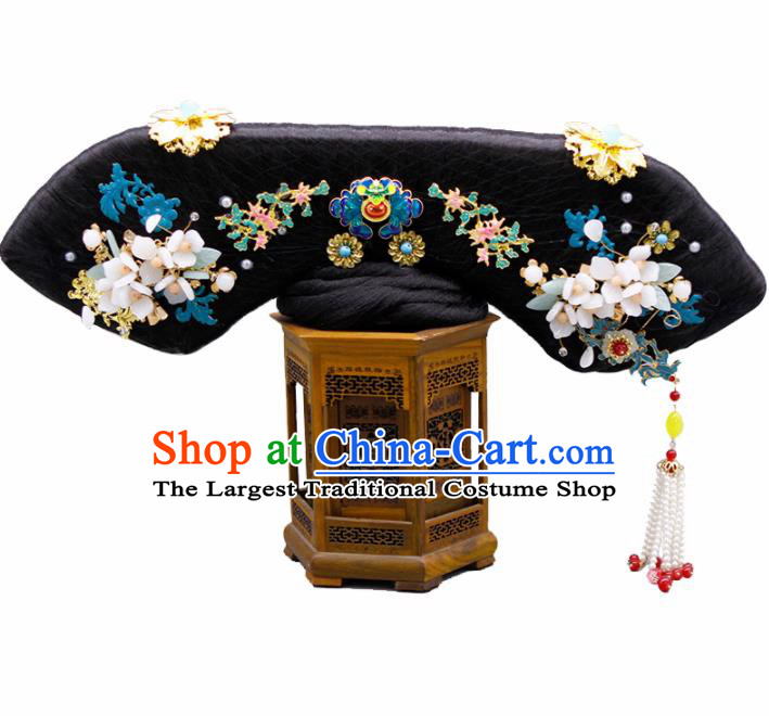 Chinese Traditional Qing Dynasty Hair Accessories Ancient Manchu Imperial Consort Wigs and Hairpins for Women