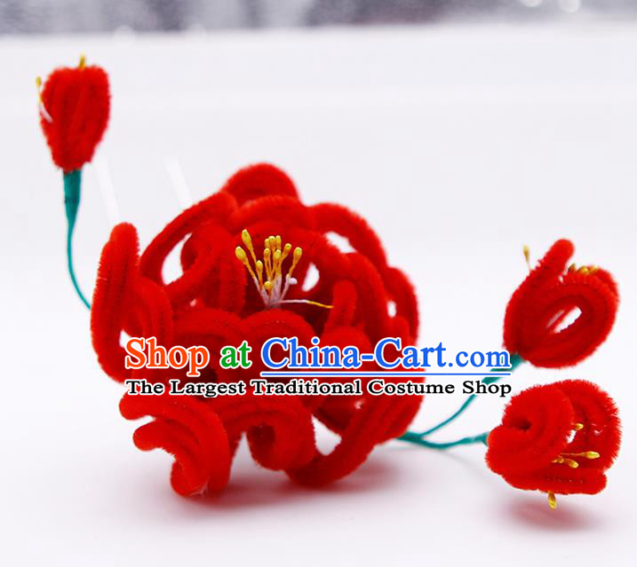 Chinese Traditional Hair Accessories Ancient Princess Red Velver Chrysanthemum Hairpins for Women