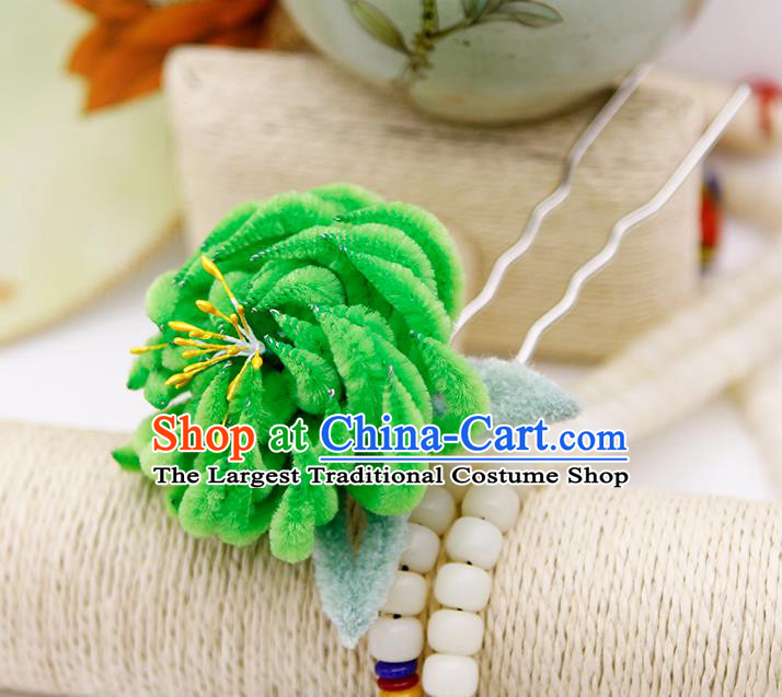 Chinese Traditional Hair Accessories Ancient Princess Green Velver Chrysanthemum Hairpins for Women