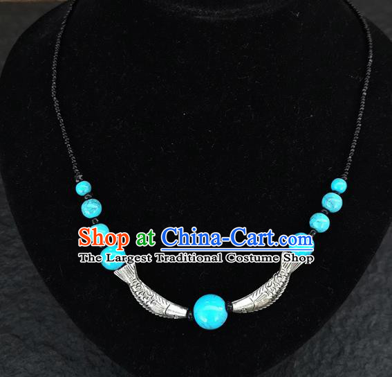 Chinese Traditional Jewelry Accessories Yunnan Minority Fish Blue Beads Necklace for Women
