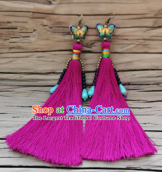 Chinese Traditional Embroidered Butterfly Earrings Yunnan National Rosy Tassel Eardrop for Women