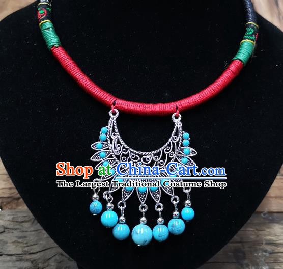 Chinese Traditional Jewelry Accessories Yunnan Minority Sliver Blue Beads Necklace for Women