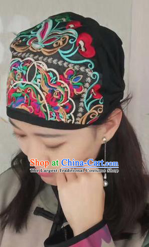 Chinese Traditional Embroidered Black Headscarf Yunnan Dai Minority Hat for Women