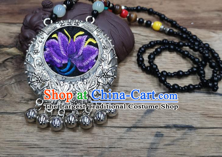 Chinese Traditional Jewelry Accessories Yunnan Miao Minority Embroidered Purple Lotus Necklace for Women
