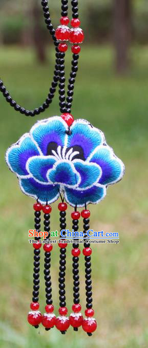 Chinese Traditional Jewelry Accessories Yunnan Minority Embroidered Blue Peony Tassel Necklace for Women