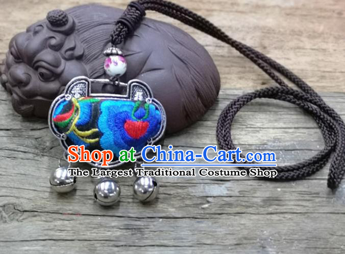 Chinese Traditional Accessories Yunnan Minority Necklace Embroidered Blue Flowers Longevity Lock for Women