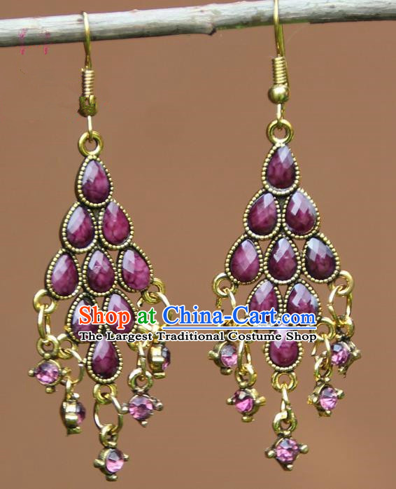 Chinese Traditional Purple Crystal Earrings Yunnan National Minority Ear Accessories for Women