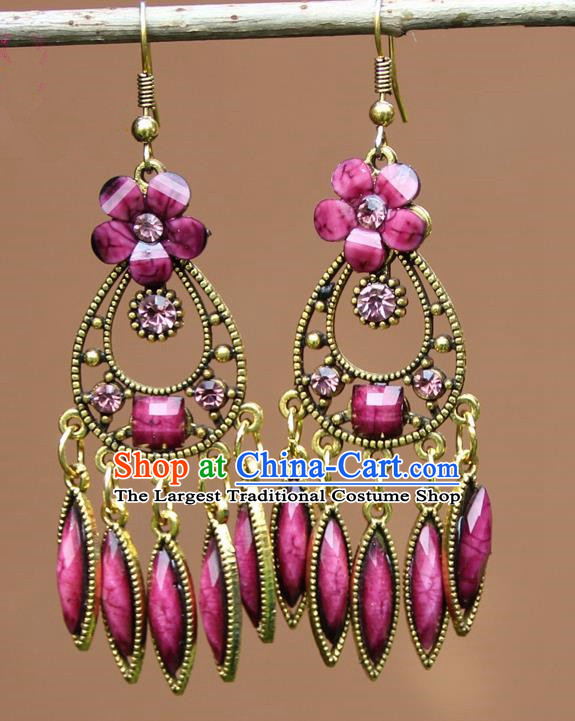 Chinese Traditional Rosy Flower Earrings Yunnan National Minority Ear Accessories for Women