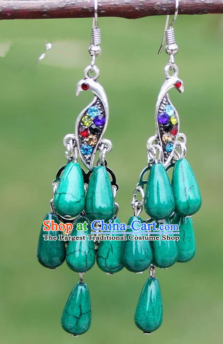 Chinese Traditional Green Peacock Tassel Earrings Yunnan National Minority Ear Accessories for Women