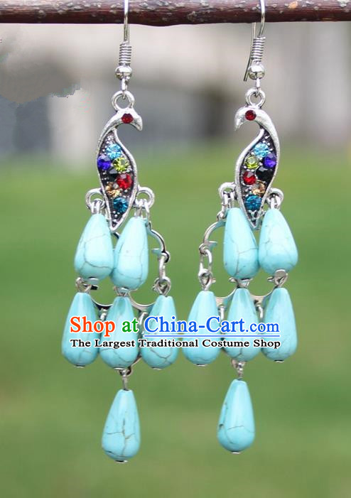 Chinese Traditional Light Blue Peacock Tassel Earrings Yunnan National Minority Ear Accessories for Women