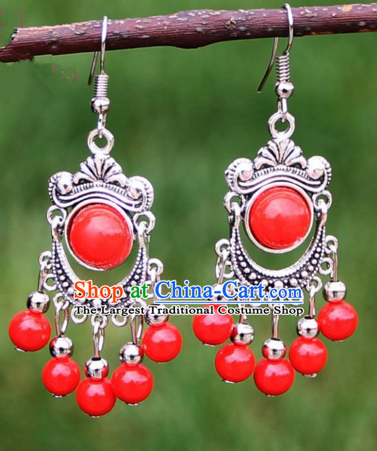 Chinese Traditional Red Beads Tassel Earrings Yunnan National Minority Ear Accessories for Women