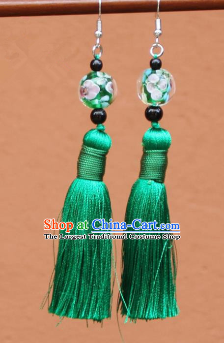 Chinese Traditional Green Tassel Earrings Yunnan National Minority Colored Glaze Eardrop for Women