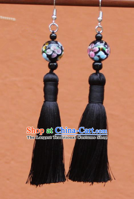 Chinese Traditional Black Tassel Earrings Yunnan National Minority Colored Glaze Eardrop for Women