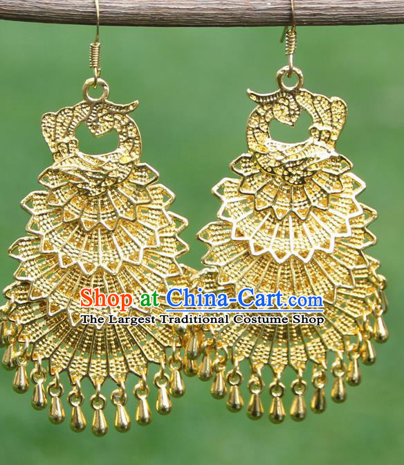 Chinese Traditional Ethnic Golden Peacock Earrings Yunnan National Ear Accessories for Women