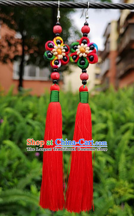 Chinese Traditional Ethnic Earrings Yunnan National Red Tassel Ear Accessories for Women