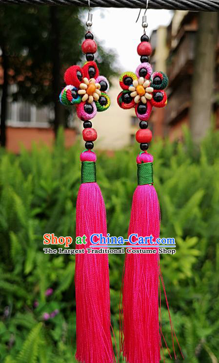 Chinese Traditional Ethnic Earrings Yunnan National Pink Tassel Ear Accessories for Women