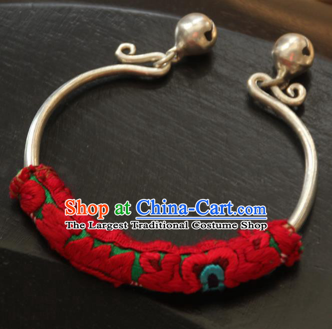 Chinese Traditional Ethnic Wrist Accessories Miao Nationality Embroidered Sliver Bracelet for Women