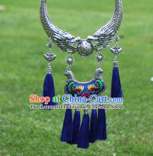 Chinese Traditional Minority Carving Dragons Embroidered Peony Blue Necklace Ethnic Folk Dance Accessories for Women