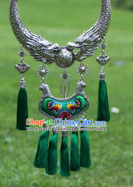 Chinese Traditional Minority Carving Dragons Embroidered Peony Green Necklace Ethnic Folk Dance Accessories for Women