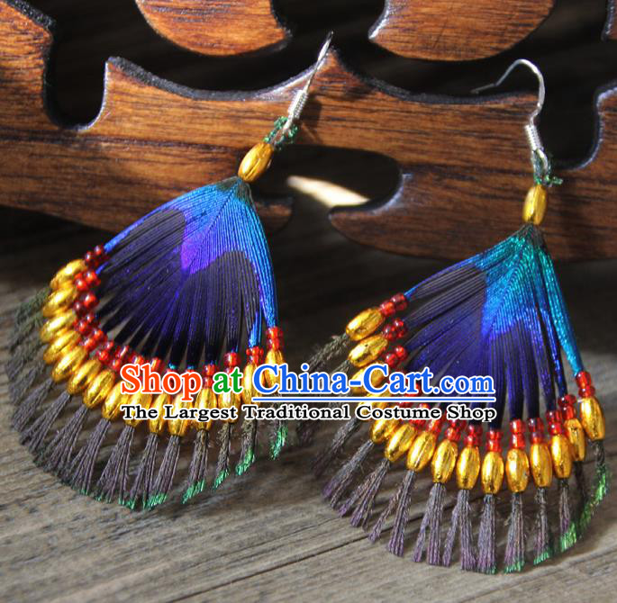 Chinese Traditional Ethnic Golden Beads Feather Earrings National Ear Accessories for Women