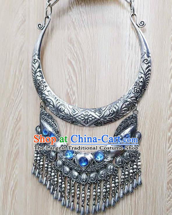 Chinese Traditional Miao Minority Blue Crystal Longevity Lock Necklace Ethnic Folk Dance Accessories for Women