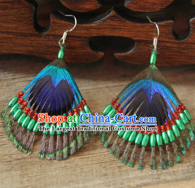 Chinese Traditional Ethnic Green Beads Feather Earrings National Ear Accessories for Women