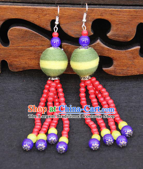 Chinese Traditional Ethnic Beads Tassel Green Venonat Earrings National Ear Accessories for Women