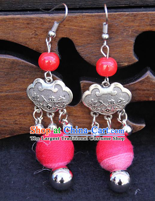 Chinese Traditional Ethnic Red Venonat Longevity Lock Earrings National Ear Accessories for Women