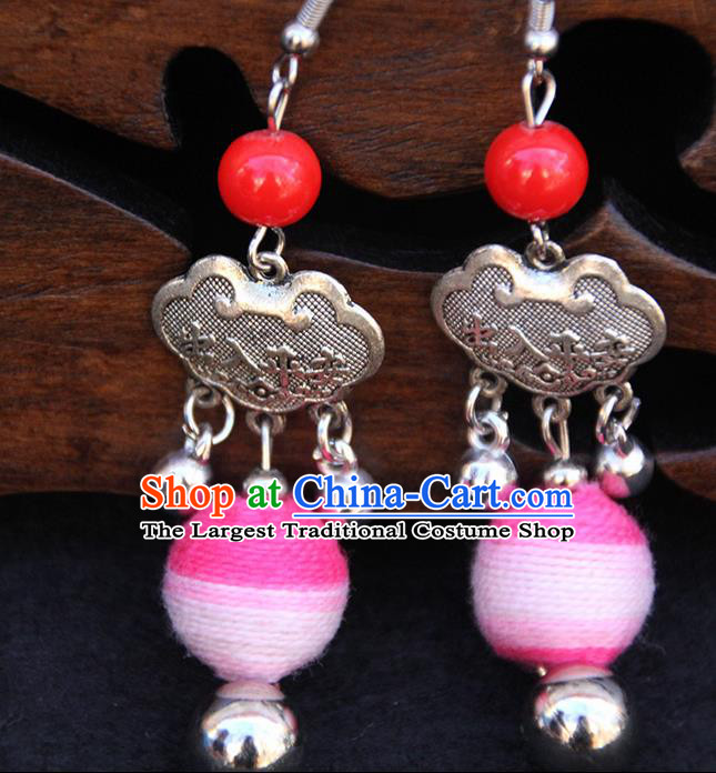 Chinese Traditional Ethnic Pink Venonat Longevity Lock Earrings National Ear Accessories for Women