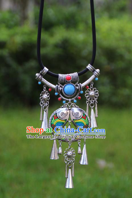 Chinese Traditional Minority Embroidered Green Double Fishes Necklace Ethnic Folk Dance Accessories for Women