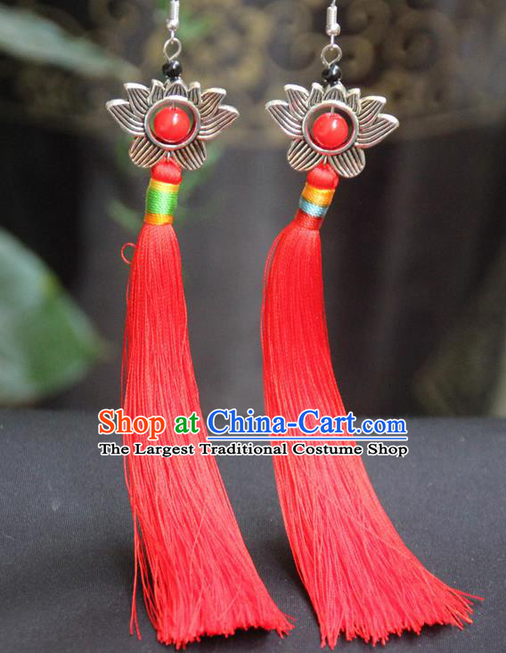 Chinese Traditional Ethnic Red Tassel Lotus Earrings National Ear Accessories for Women