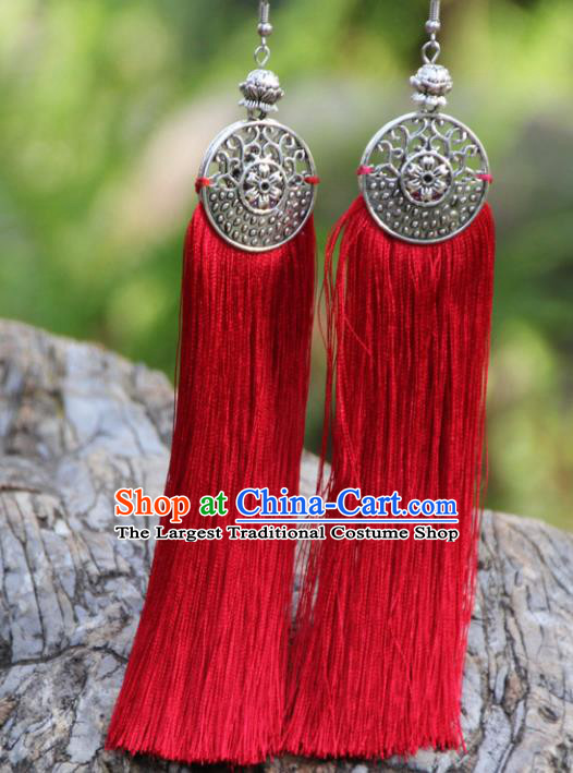 Chinese Traditional Ethnic Bride Earrings National Red Tassel Ear Accessories for Women