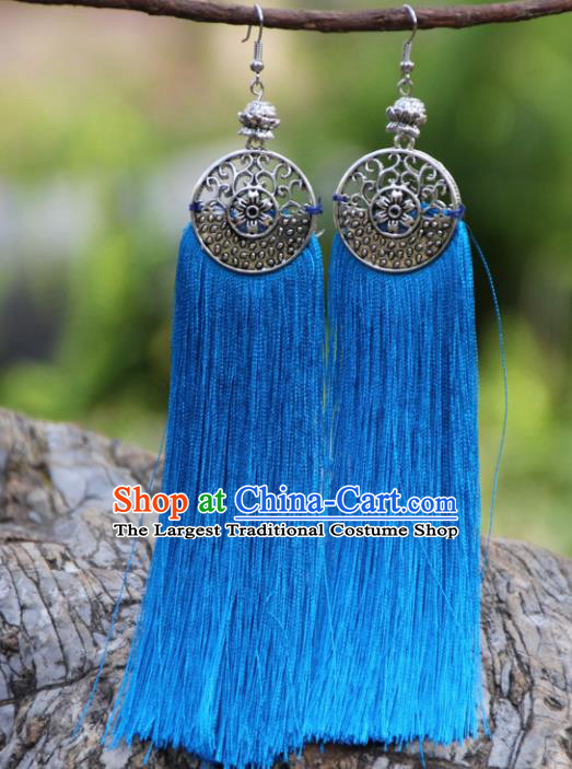 Chinese Traditional Ethnic Bride Earrings National Blue Tassel Ear Accessories for Women