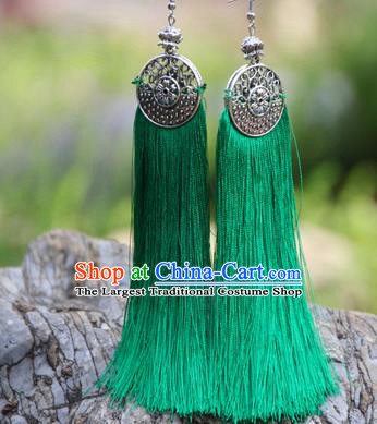 Chinese Traditional Ethnic Bride Earrings National Green Tassel Ear Accessories for Women
