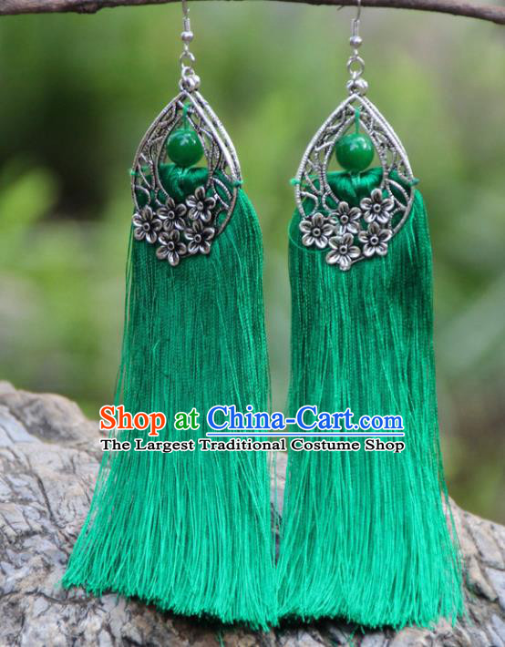 Chinese Traditional National Ethnic Bride Earrings Green Tassel Ear Accessories for Women