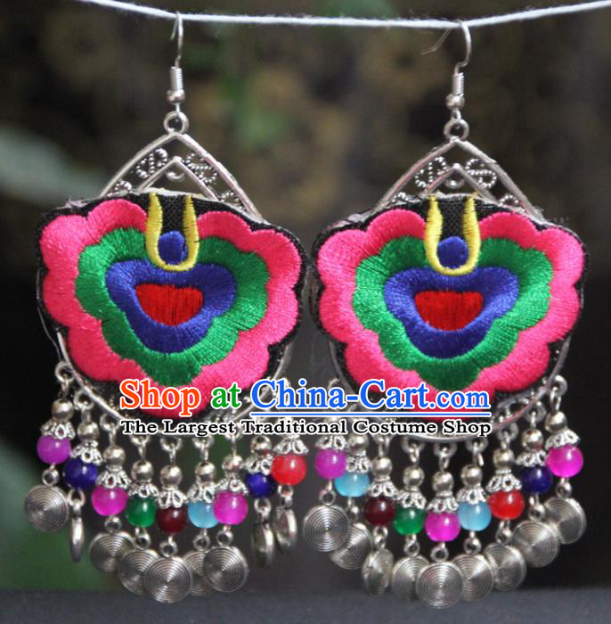 Chinese Traditional National Ethnic Earrings Embroidered Pink Ear Accessories for Women