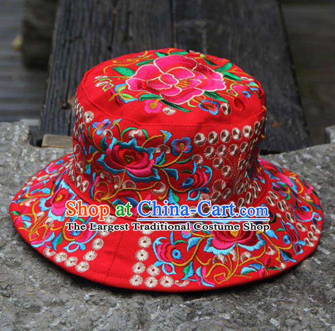 Chinese Traditional National Handmade Embroidered Peony Red Hat for Women