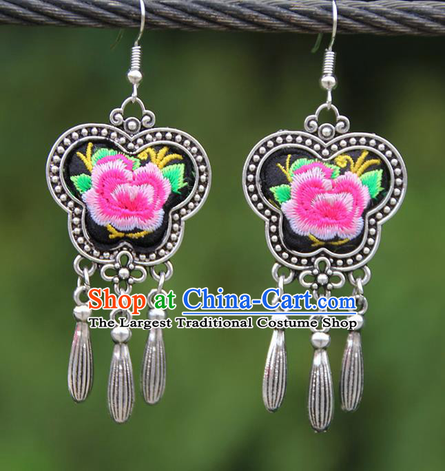 Chinese Traditional National Handmade Embroidered Pink Peony Earrings for Women