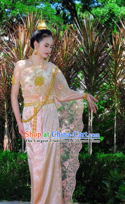 Asian Traditional Thailand Costumes National Handmade Embroidered Pink Dress for Women