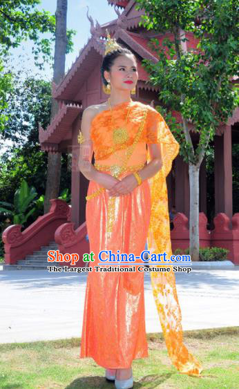 Asian Traditional Thailand Costumes National Handmade Embroidered Orange Dress for Women