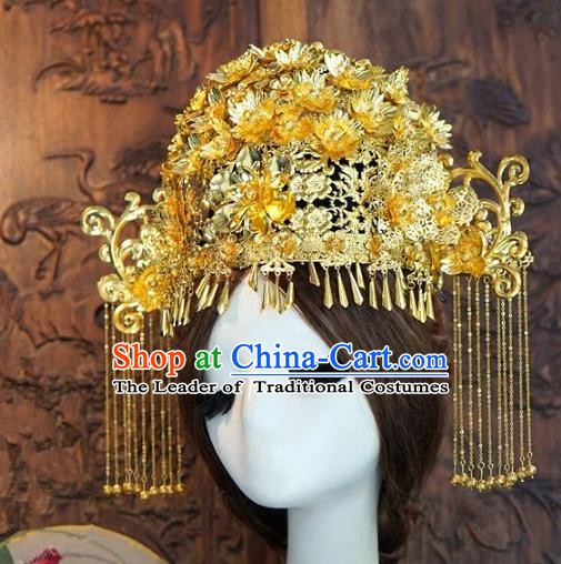 Chinese Handmade Classical Hairpins Hair Accessories Ancient Golden Tassel Phoenix Coronet for Women