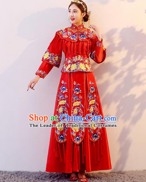 Traditional Chinese Wedding Costume Ancient Bride Embroidered Red Peony Tassel Xiuhe Suit Clothing for Women