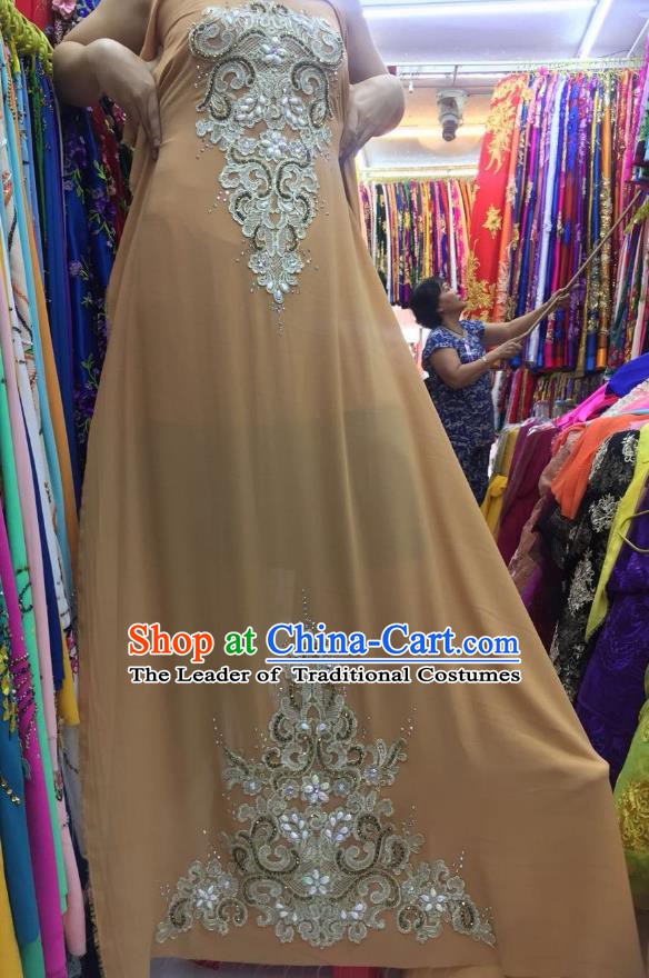 Asian Vietnam Costume Vietnamese Trational Dress Khaki Embroidered Ao Dai Cheongsam Clothing for Women