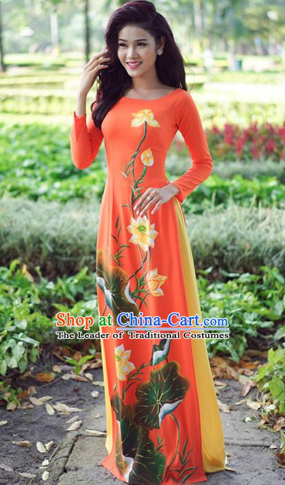 Asian Vietnam Costume Vietnamese Trational Dress Printing Lotus Orange Ao Dai Cheongsam Clothing for Women