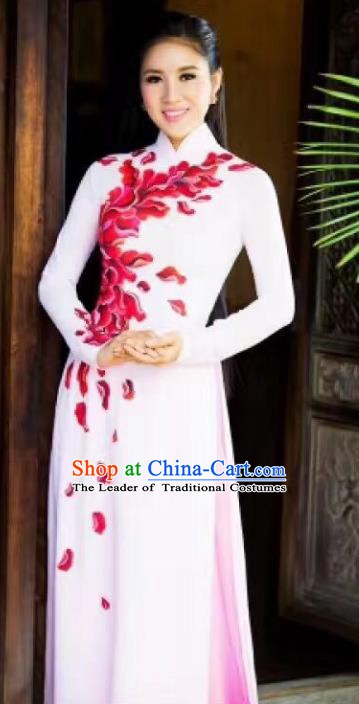 Asian Vietnam Palace Costume Vietnamese Trational Dress Painting White Ao Dai Cheongsam Clothing for Women
